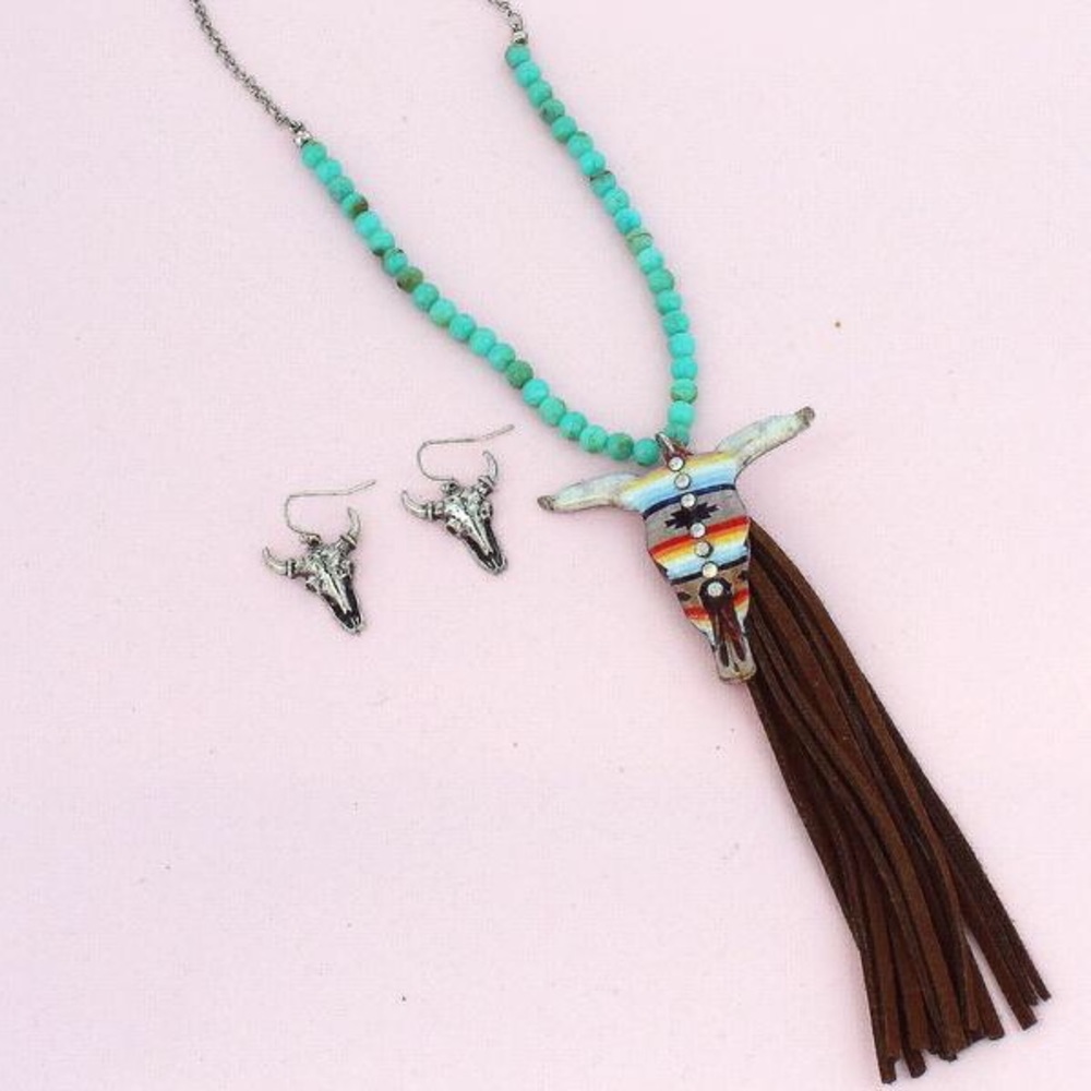 Turquoise Beaded Cow Steer Head Necklace Set